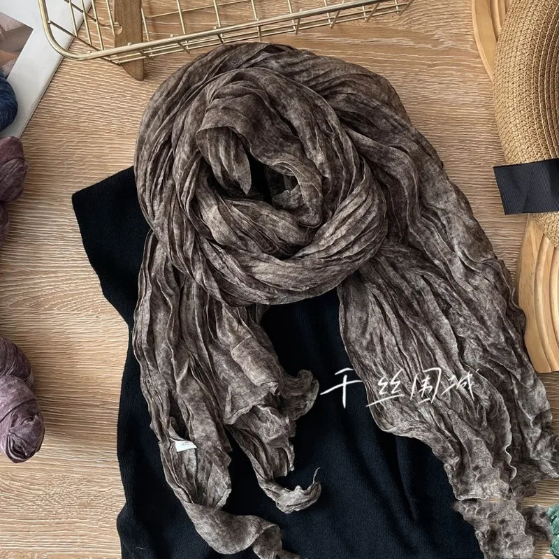 Tie Dye Cotton and Linen Scarf Retro Autumn and Winter New Style Pleated Coffee Thin Long Strip Shawl Men and Women Warm Silk