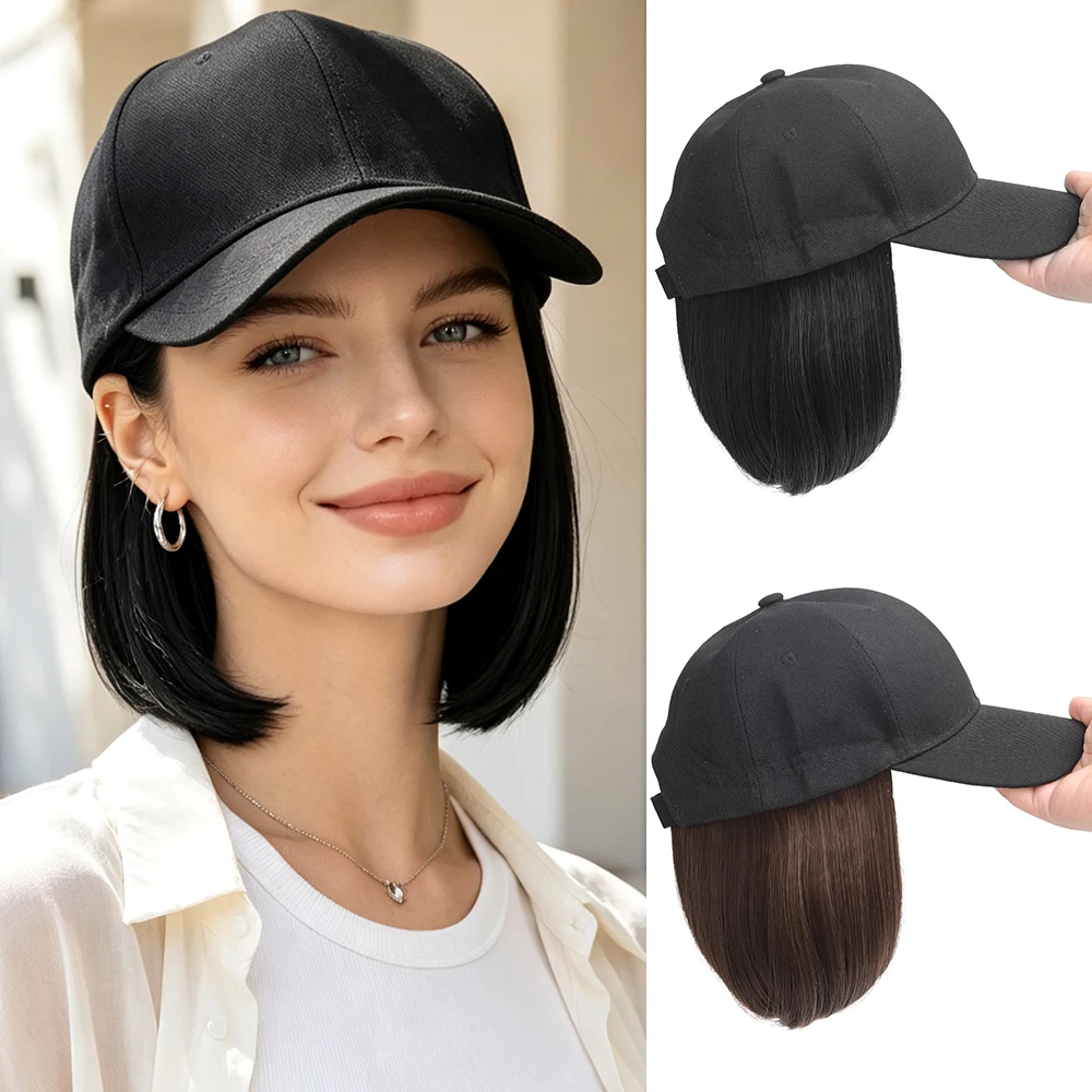 Hat Wigs Synthetic Short Bob Straight Wig With Black Baseball Cap Adjustable Hat Wigs Straight Hair Extensions For Women Fashion