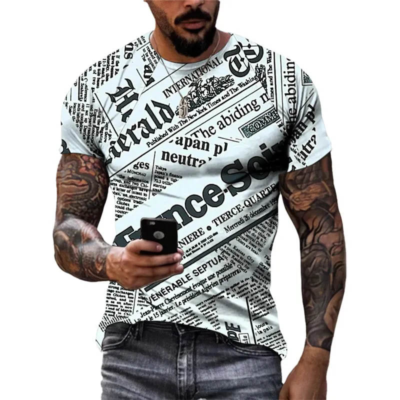 Men's Retro Newspaper Graphic T-shirt, Harajuku Street Fashion Clothing, 3D Printed New Creative Design Oversized Shirt