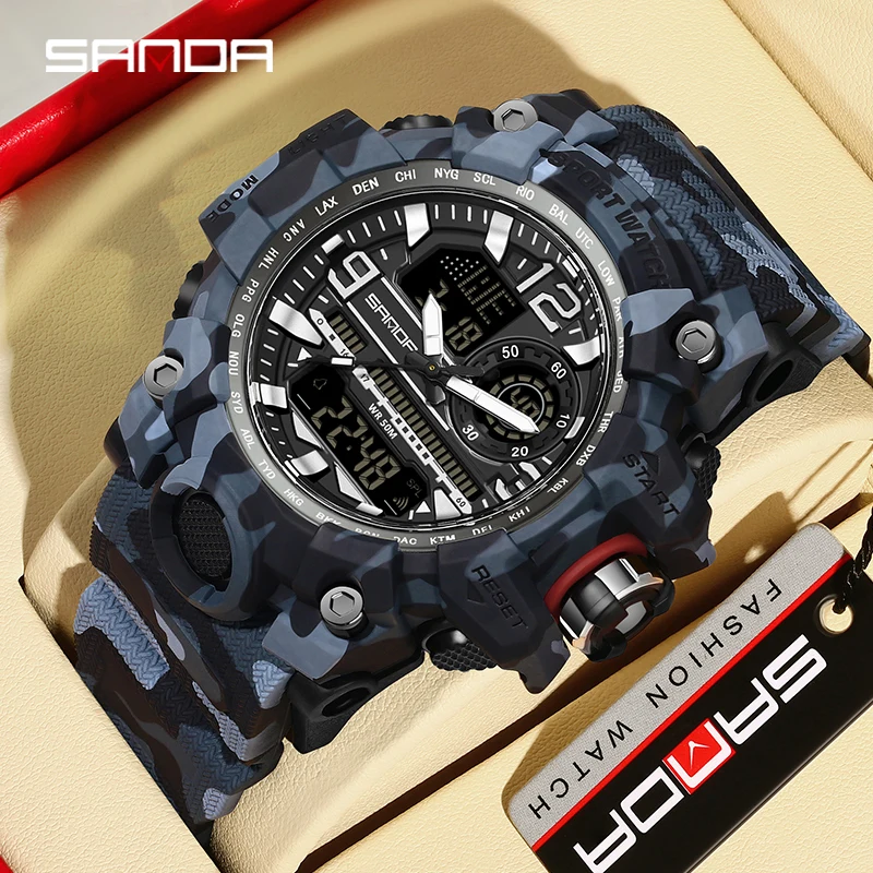 SANDA Men Sports LED Digital Watches Dual Display Analog Quartz Wristwatches Waterproof Camouflage Military Army Timing Watch