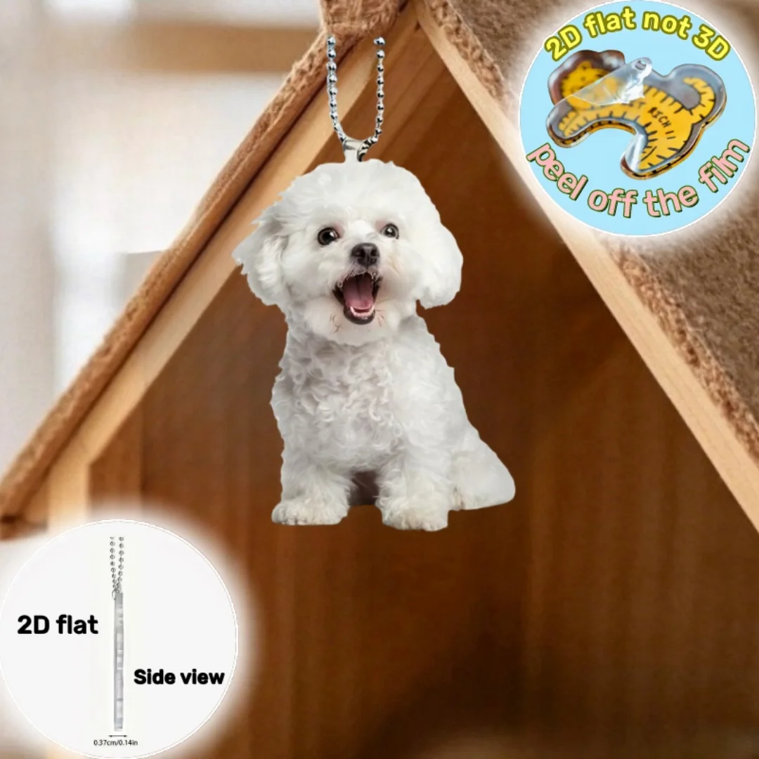 Cute Bichon Frise 2D Flat Acrylic Pendant Keychain,White Puppy Ornament Charm,Hanging Decor For Car,Bags,Home,Festive Party,Gift