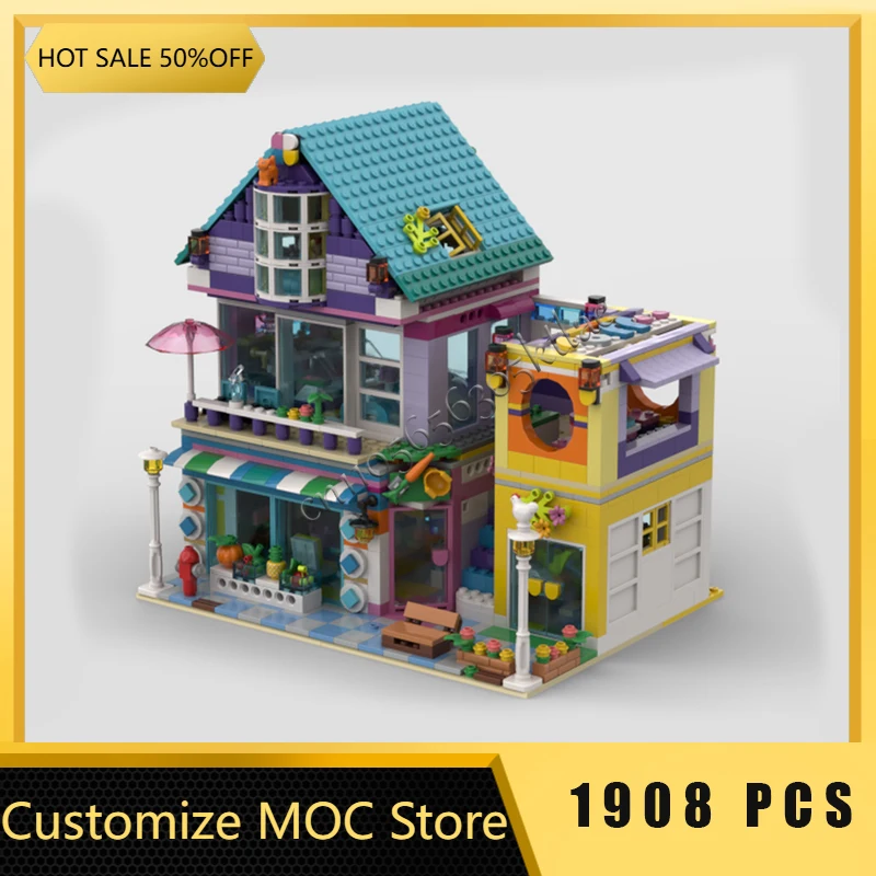 

1371 PCS Customize MOC Supermarket Flower Shop And Cafe Commercial Buildings Block Model Children Assembly Toys Halloween Gifts
