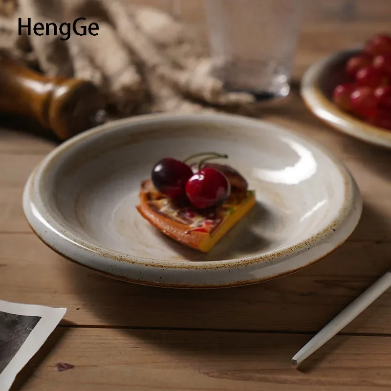 Thickened Ceramic Plate Retro Round Soup Plates Hotel Restaurant Service Tray Dishes Household Tableware Fruit Salad Plate