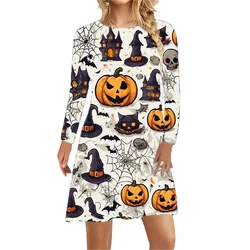 Halloween Party Women Dress Cute Sweet Cartoon Pumpkin Print Long Sleeve A-line Dress 2024 New Autumn Casual Women Dress Street