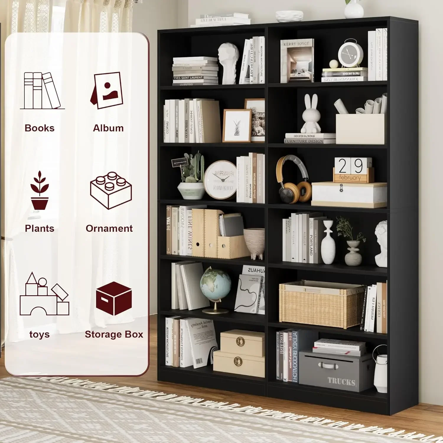 [Discounted Price, Hot Sale!]Bookshelf and Bookcase, 6-Tier Double Wide Bookshelves, Freestanding Display Storage Shelves, Tall