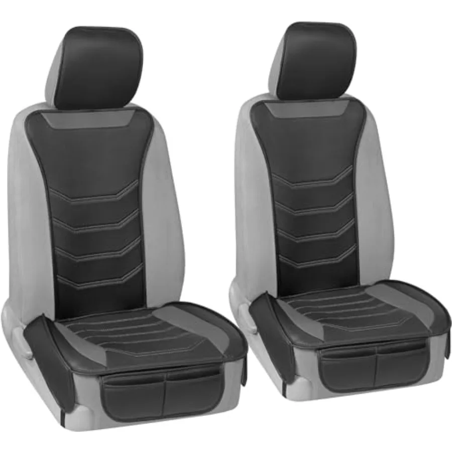 

LuxeFit Gray Seat Covers for Cars Trucks Van SUV 2 Pack Premium Faux Leather Easy to Install Automotive Seat Covers with Storag