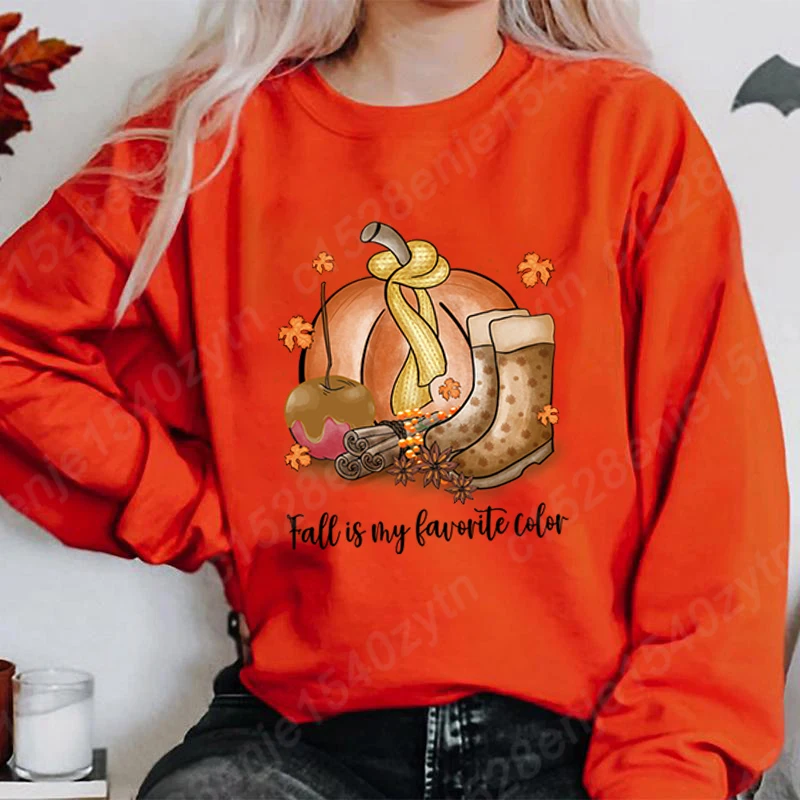 Pumpkin Boots Fall Is My Favorite Color Pullovers Autumn And Winter Creative Personalized Tops Ladies Casual Crew Neck Pullovers