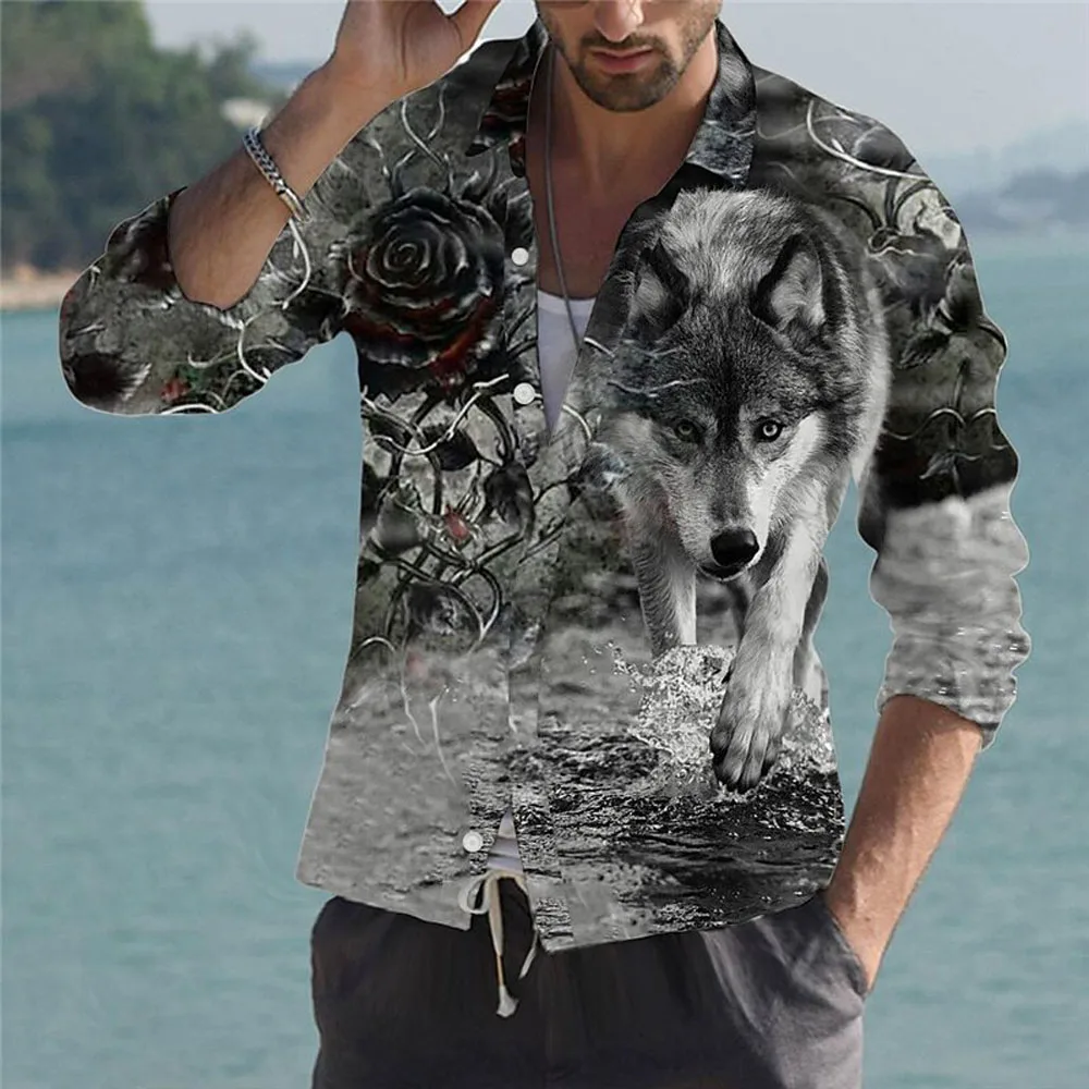 

New Men Overbearing Wolf Print Shirt Men's Sport Breathable Top Men's Street Fashion Shirt Men's Casual Sweat-Absorbing Cardigan