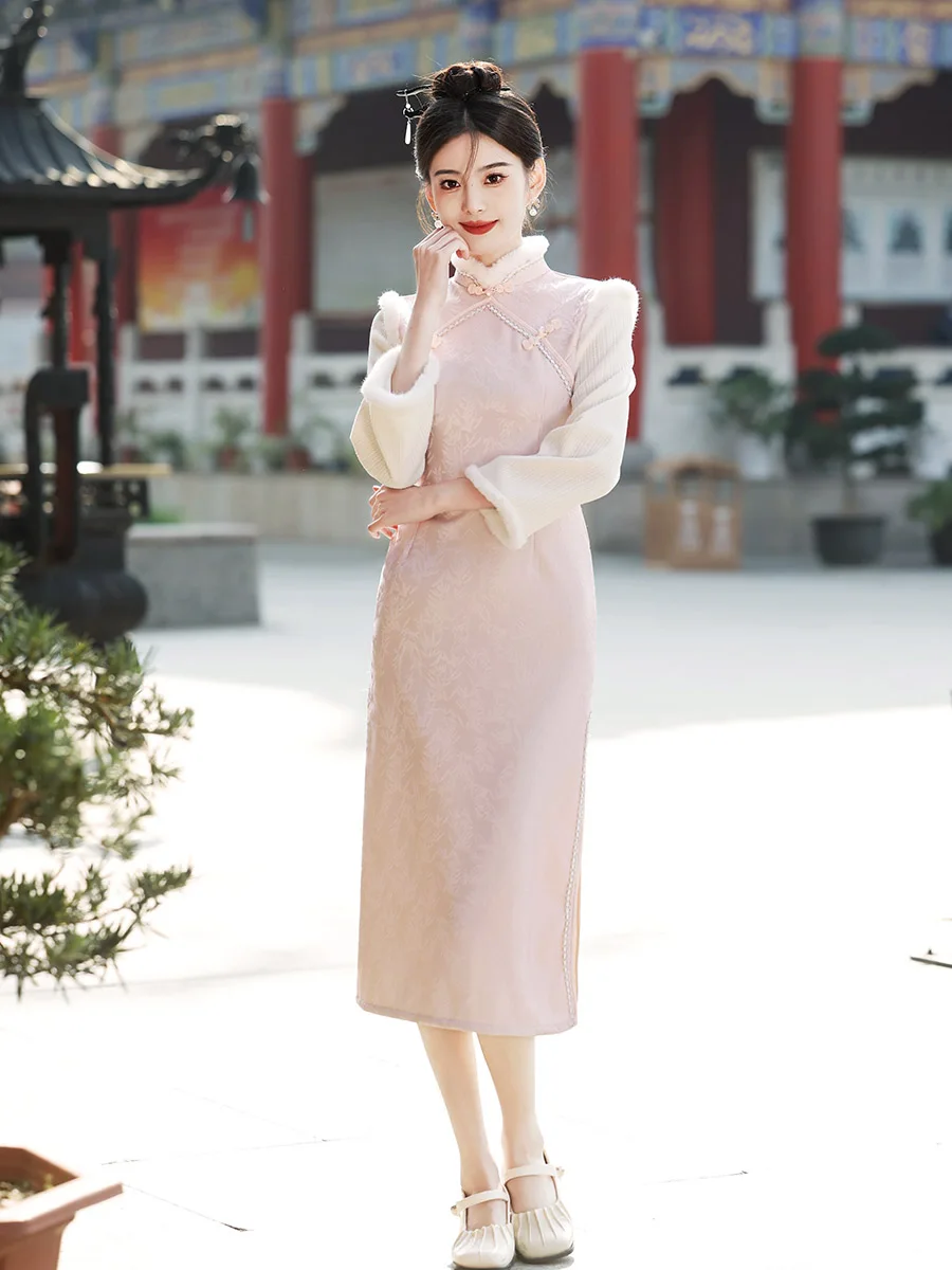 Cheongsam rosa novo outono e inverno novo estilo chinês feminino