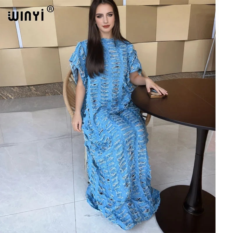 Winyi Originele Denim Sexy Lange Jurk Met Gaten Nieuwe Mode Afrika Womens Party Vakantie Casual Korte Mouw Maxi Strandjurk