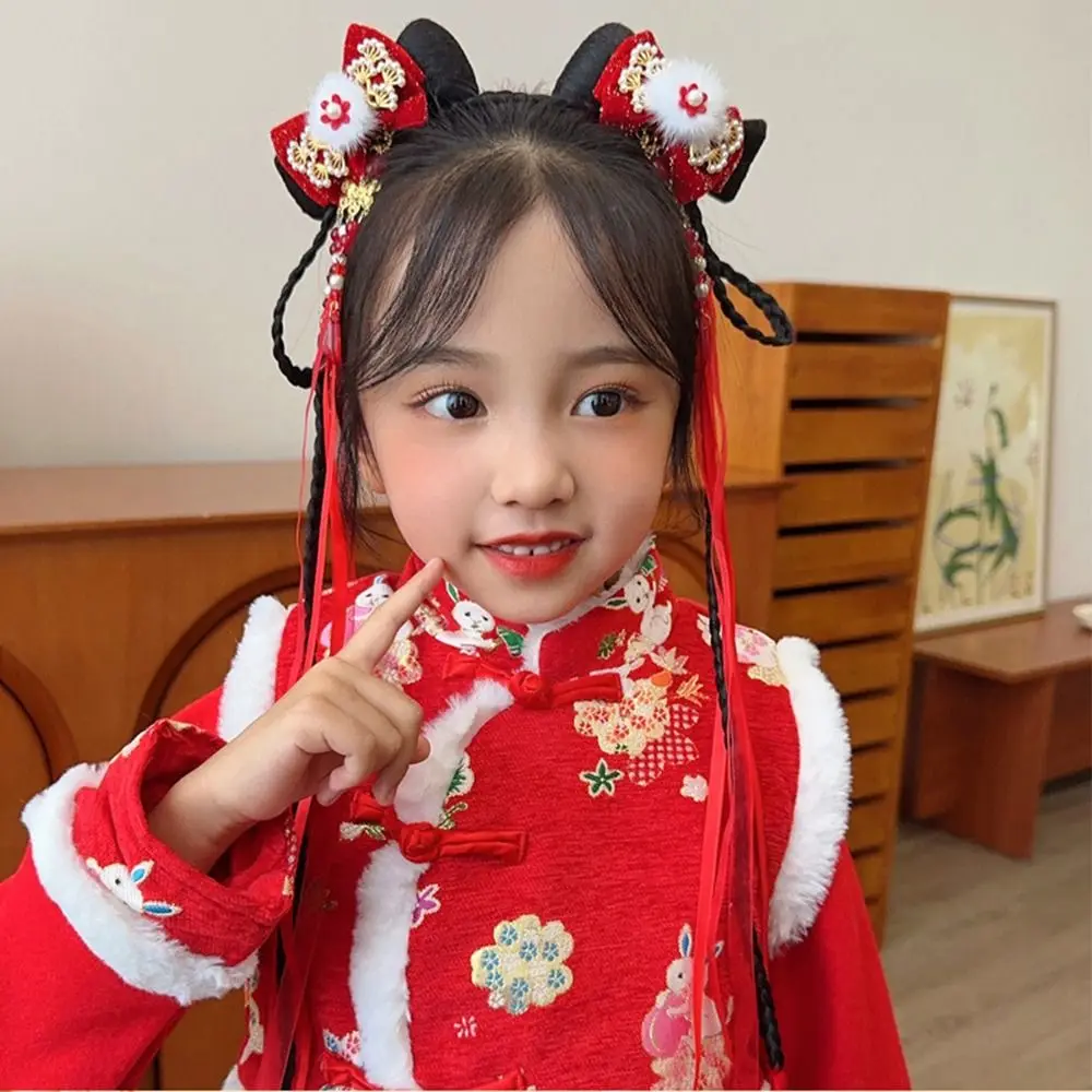 Ribbon Red Bow Hair Clip Fringe Head Wear Princess Forehead Chain Tang Suit Hair Clip New Year Plush Ball Hairpin Headwear