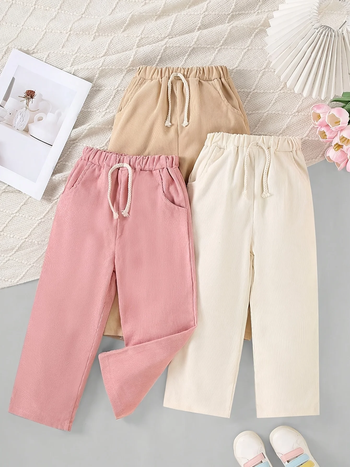 3-Pack Girls' Simple Solid-Color Straight-Leg Pants (Available in Multiple Colors) – Comfortable Casual Trousers with Elastic Dr