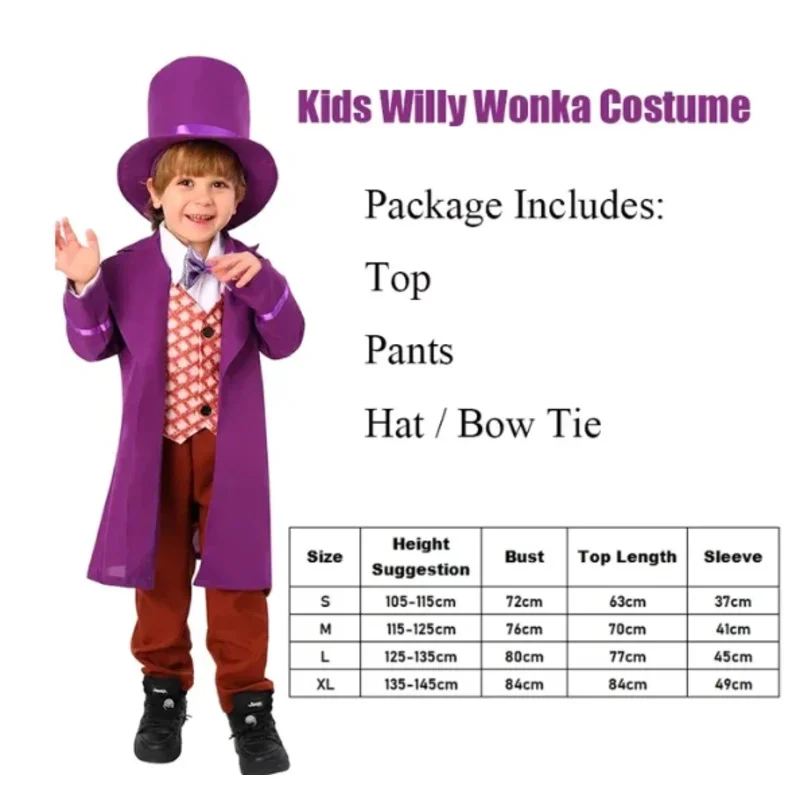 Chocolate Factory Willy Charlie Cosplay Costume Uniform Child Role Play Outfit Full Suit Halloween Masquerade Kid Cloth Jumpsuit