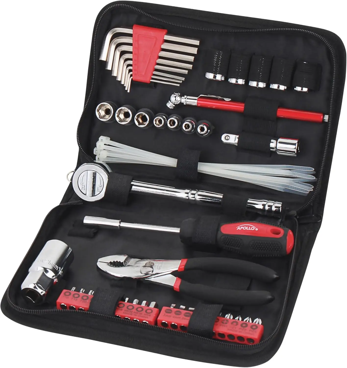 

56-Piece Compact SAE Auto Tool Set in Zippered Case for Car Emergency, Motorcycle Repair, Travel - Red