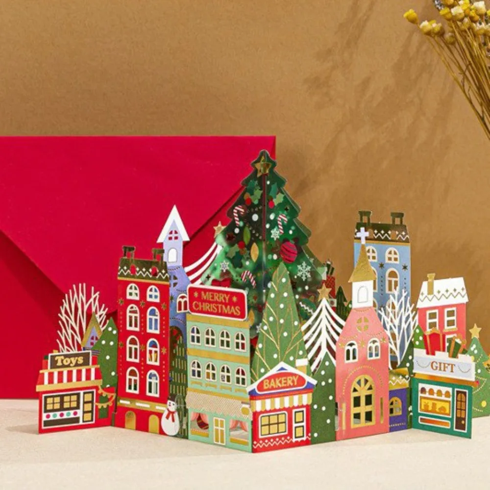 3D Christmas Greeting Cards Pop-Up Hot Stamped New Year Cards Laser Engraved Paper Carving Thank You Letter Business