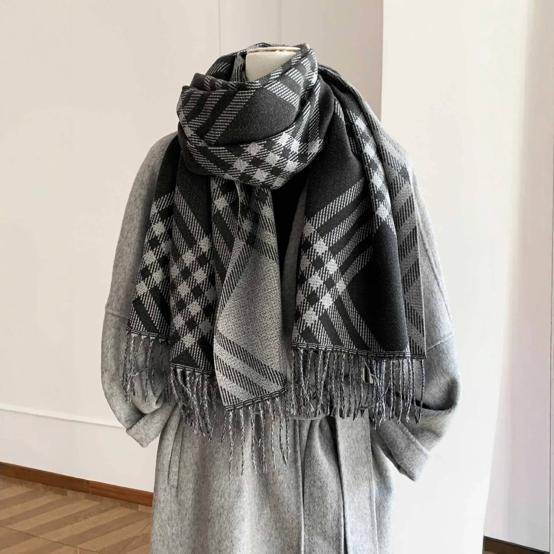 

Men Women Warm Winter Scarf Faux Cashmere Black Grey Multiway Shawl Wrap Blanket Simple Casual Fashion Gift