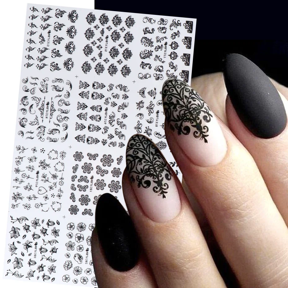 12PCS / Set Black Nail Stickers Flower Leaf Necklace 3D Sliders Decal Gel Polish Sticker DIY Design Manicure Tips