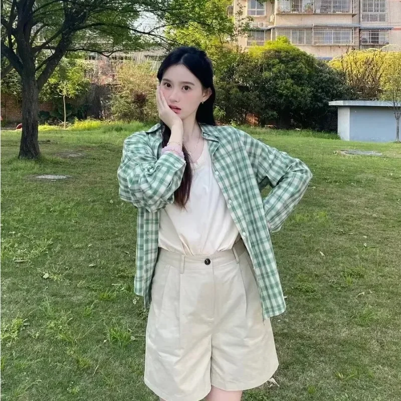 EBAIHUI Light Green Plaid Shirt for Women Korean Summer Autumn Design Loose Mid-length Clothes Lapel Collar Versatile Blusas