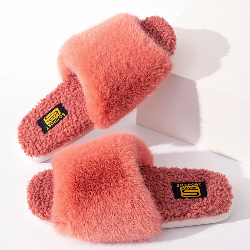 

High Quality Fur Slippers Women's 2022 Autumn Winter Flat With Indoor Slippers Luxury Rabbit Hair House Slippers Flip Flops