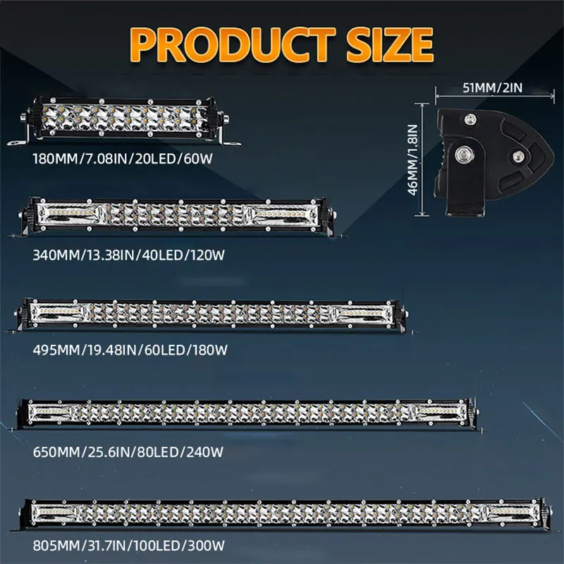 1pcs Car Super Bright LED Light Bar 60W 120W 180W 2 Rows Super Slim LED Bar for Tractor 4X4 Offroad 4WD ATV Truck LED Work Light