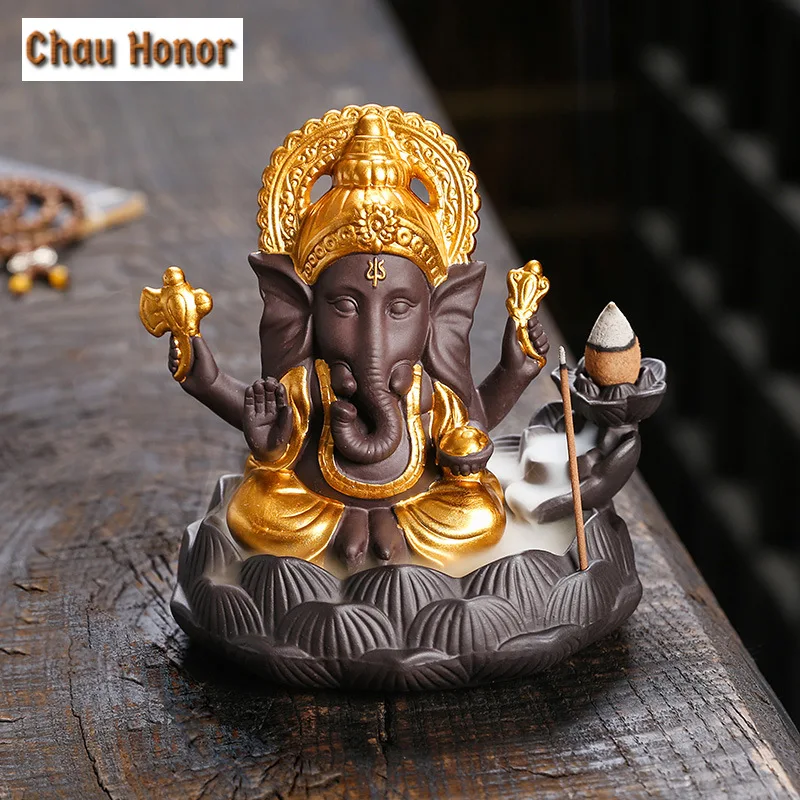 Handicrafts Lucky Ganesha Elephant Waterfall Backflow Incense Burner Home Decor Incense Stick Holder Lotus Censer (no Incense)