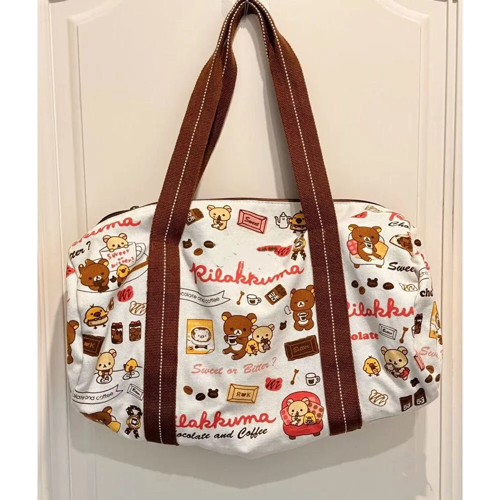 

Kawaii Rilakkuma Travel Bag Women's Cartoon Cute Embroidered Nylon Waterproof Large Capacity Tote Bag Commuter Girls Gifts Toys