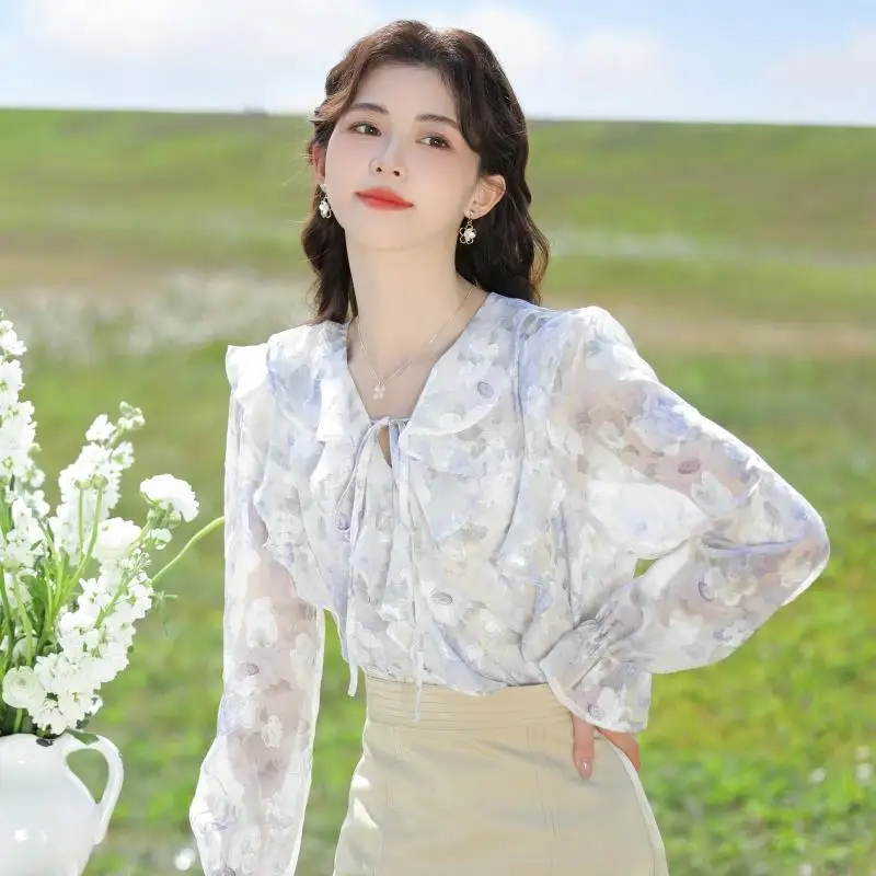Korea Ruffles V-neck Blouses Women Long Sleeve Floral Lace-up Fairy Holiday Tender Temperament Ladies Spring Leisure