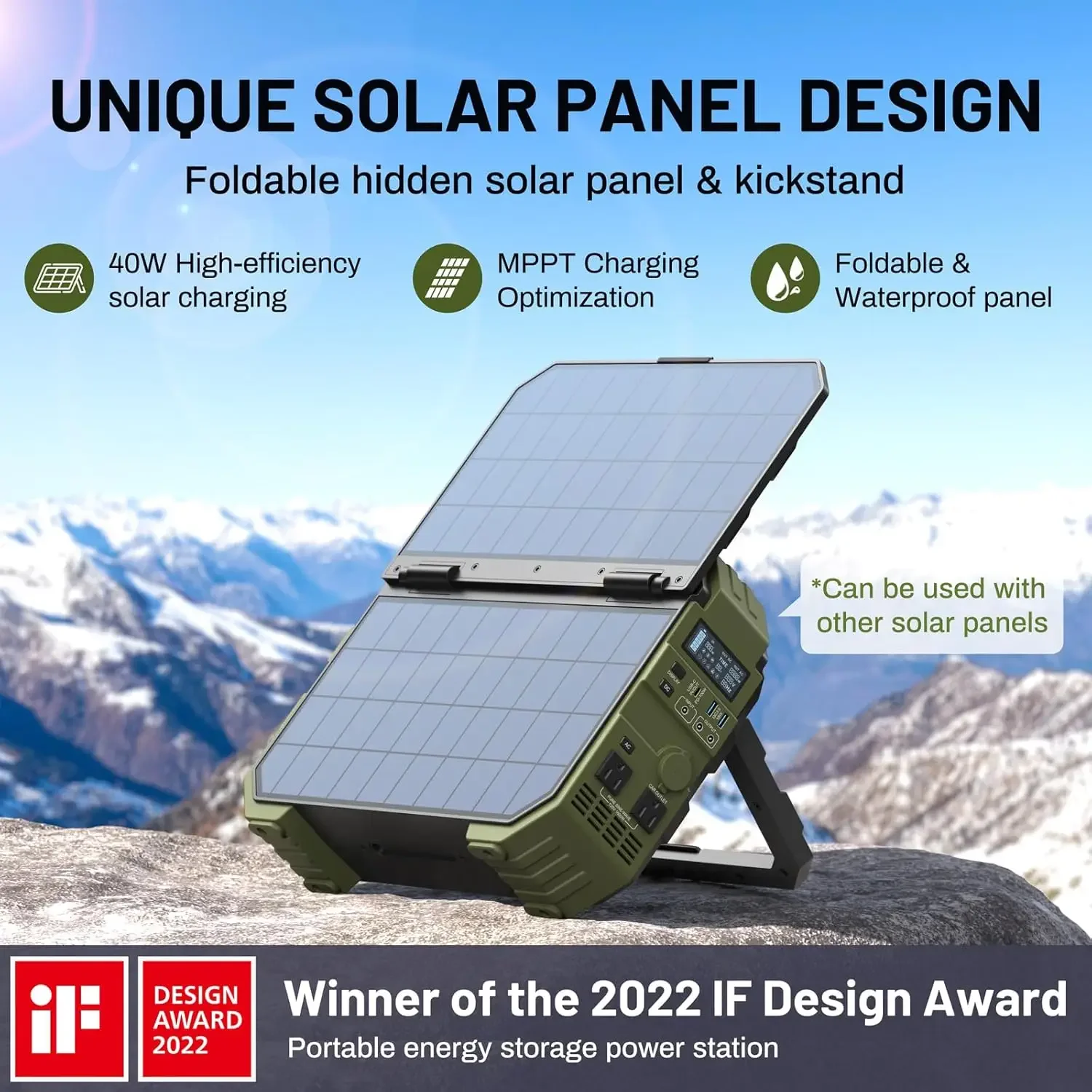 BROWEY 1600W (3200W Peak) Portable Power Station, 1024Wh LiFePO4 Battery with Built-in Solar Panel, 100W USB-C PD, Solar