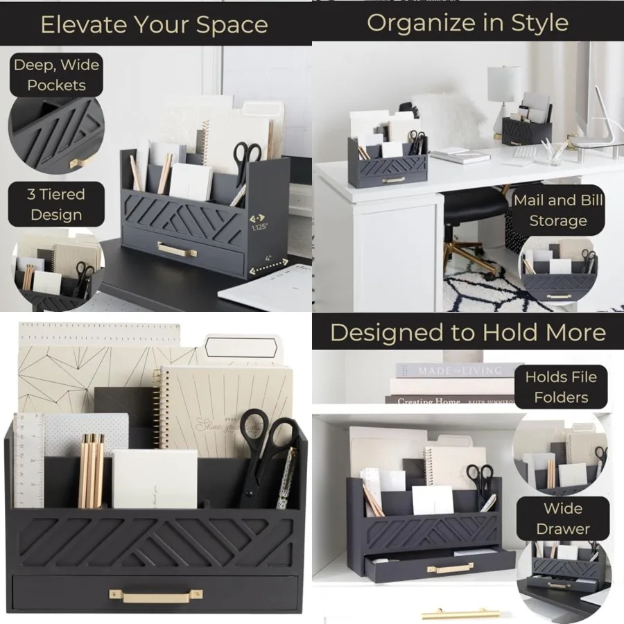 

Wooden Mail Organizer with Drawer Gold Handle Mail Sorter Organizer Countertop and Outgoing Mail Holder Tabletop Organizer with