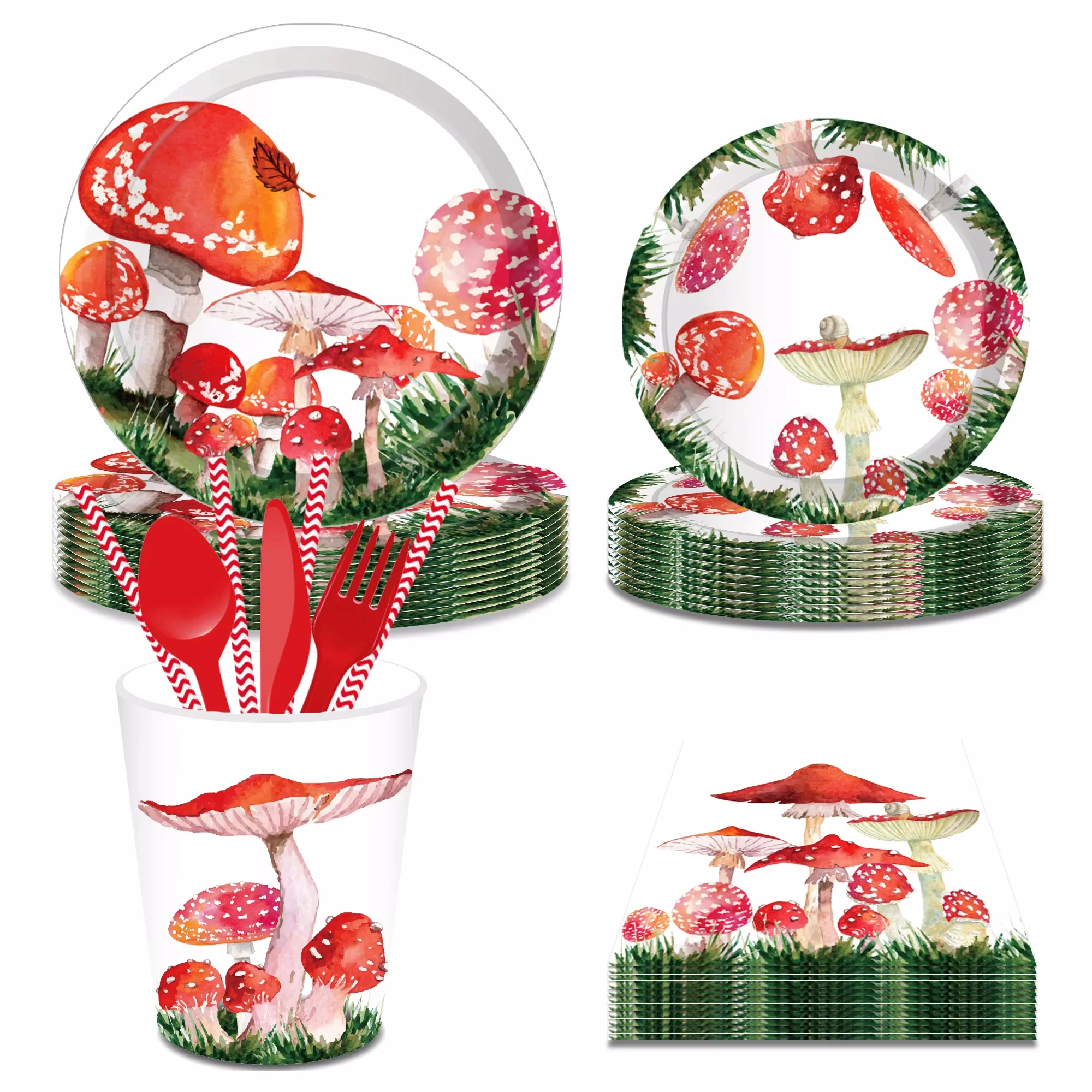 Red Mushroom Party Disposable Tableware Sets Paper Plates Cups Napkins Party Dinnerware Decor