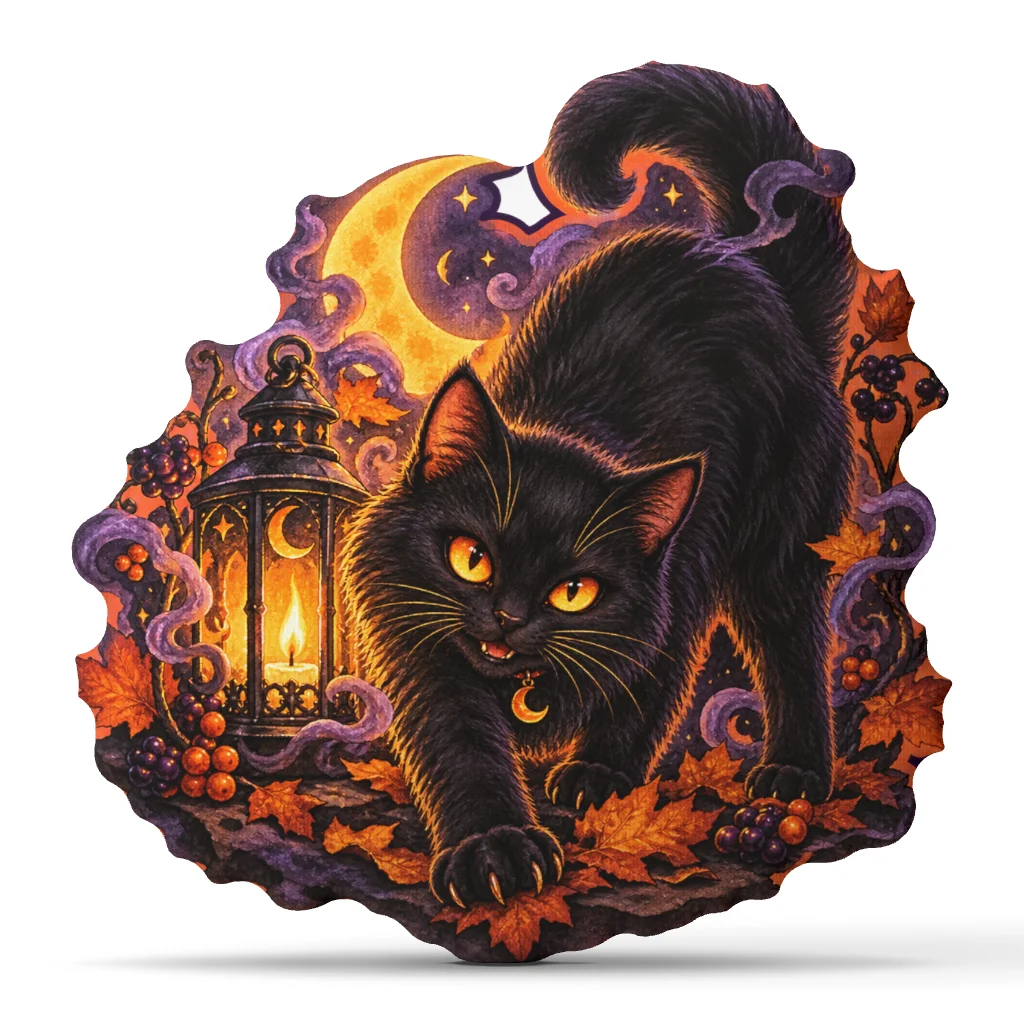 Black Cat Halloween Shaped Pillow Gothic Cushion with Crescent Moon Lantern Autumn Throw Pillow Sofa Home Decor Spooky Gift