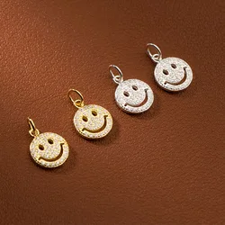 1pc/Lot 925 Sterling Silver Shiny Zircon Paved Round Smile Dangle Charms 12.5mm Silver/Gold Color Jewelry Pendants DIY Necklace