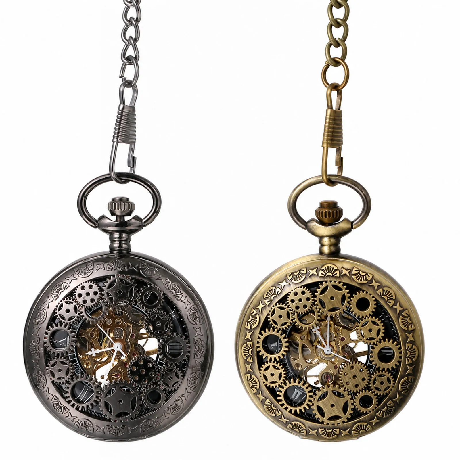 Mens Retro Hollow Relief Gear Manual Mechanical Roman Numeral Pocket Watch Vintage Antique Skeleton Fob Pendant Clock Gift