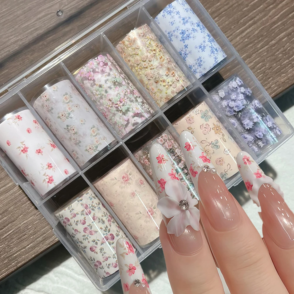 10Rolls 4x50CM Colorful Flower Transfer Nail Sticker Elegant Small Floral Print Nail Foil Paper for Wedding DIY Nail Decoration#