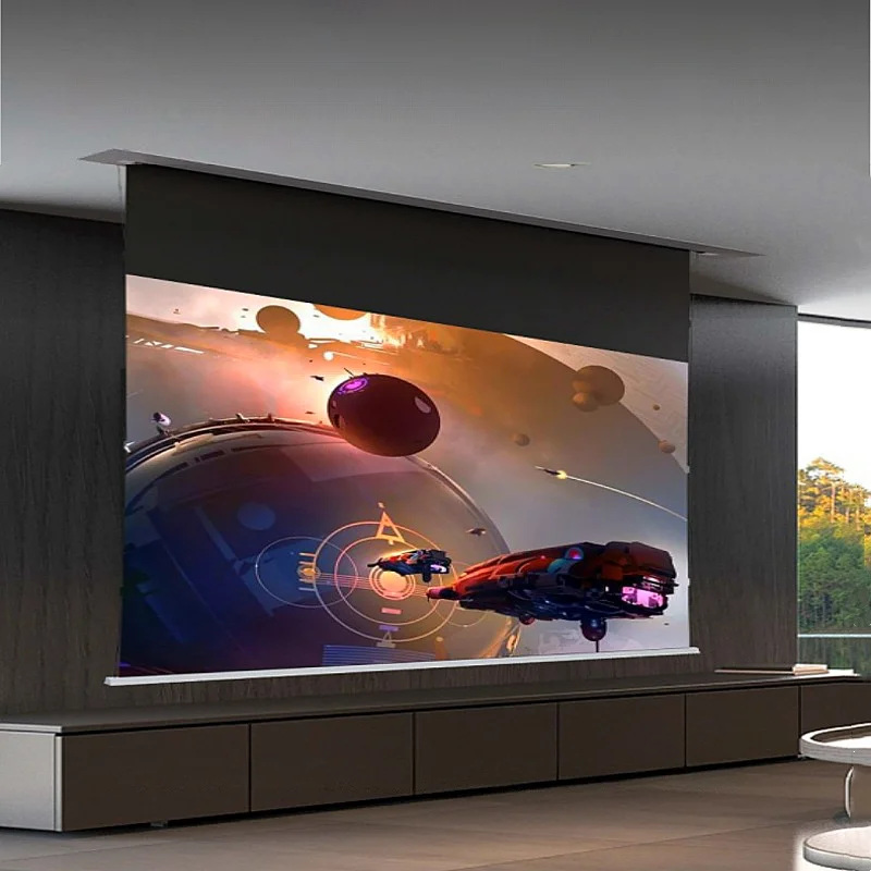 72-120 Inch Fresnel ALR In-Ceiling Tab-Tensioned Electric Projection Screen Motorized for 4K 8K Standard/Long Throw Projector