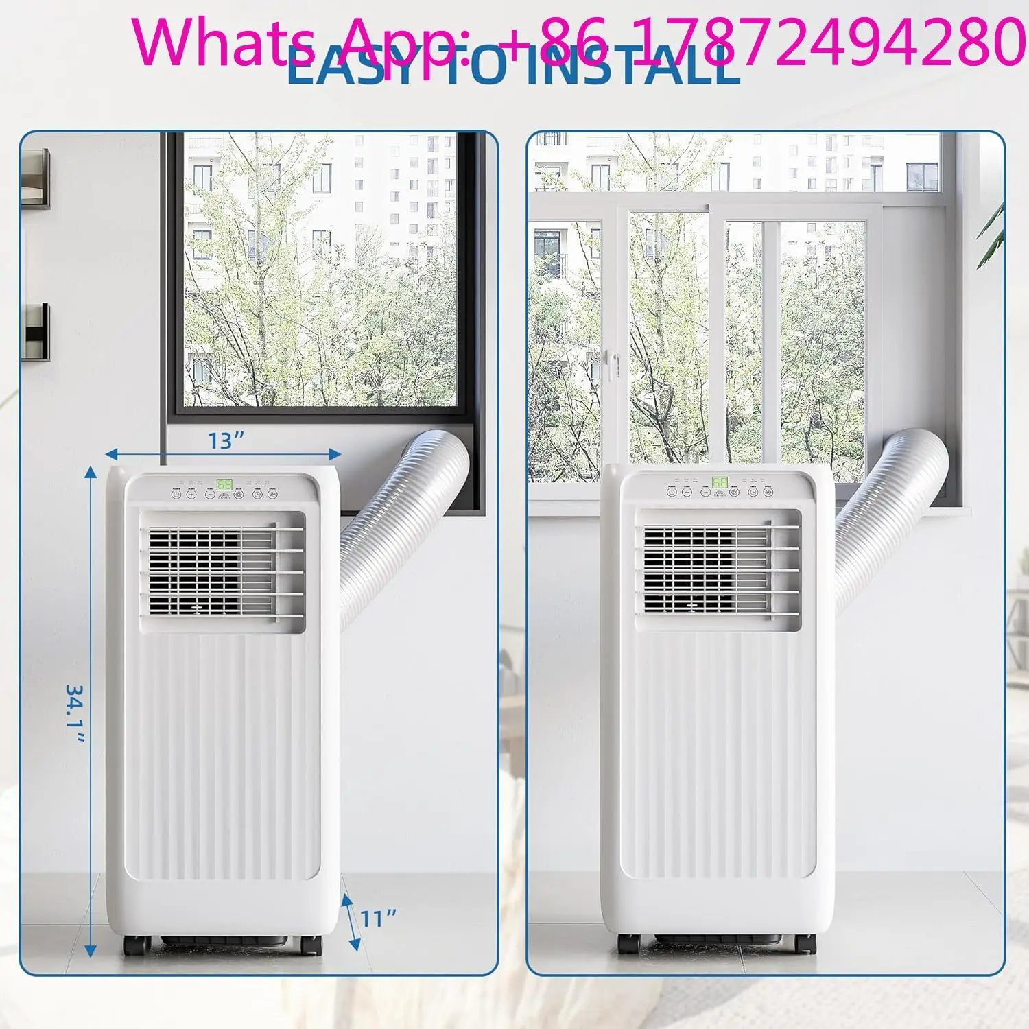 portable AC, 3-in-1 unit with dehumidifier, fan mode, 24H timer, and remote control