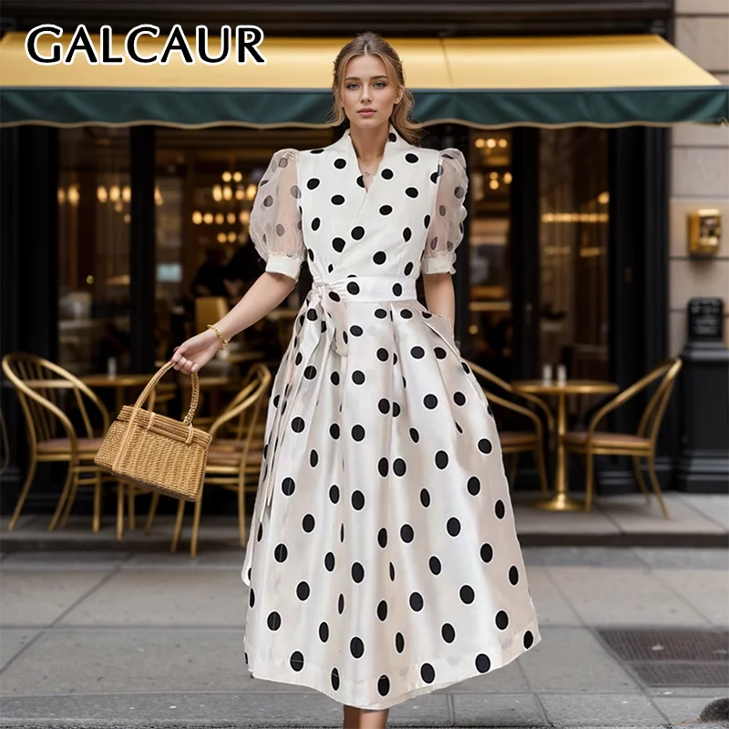 

GALCAUR Dot Print Dresses For Women V Neck Puff Sleeve Patchwork Lace Up Hit Color Loose Folds Korean Dress Female Spring New