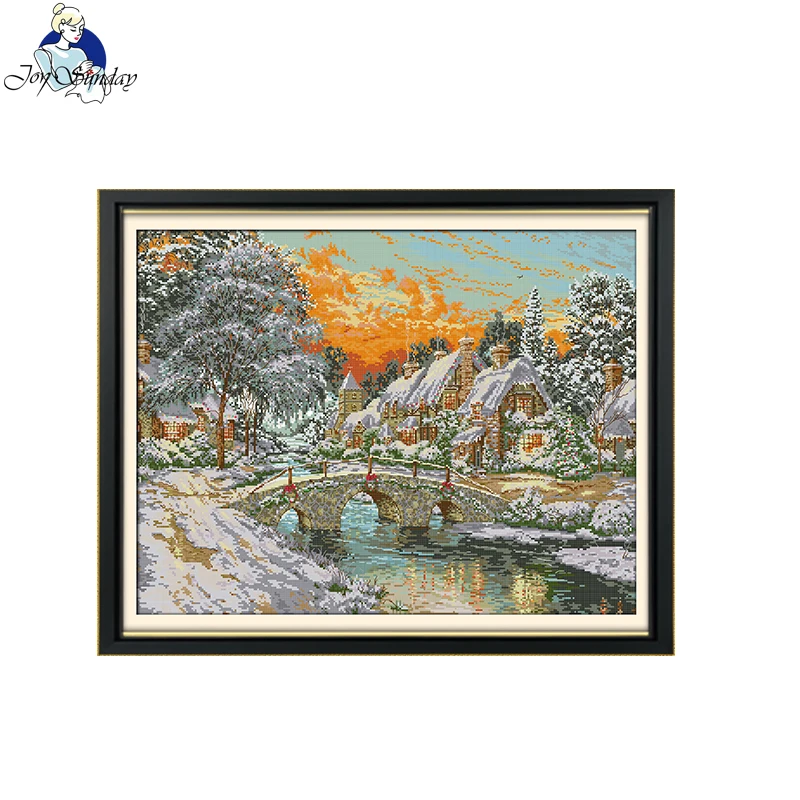 

Joy Sunday Cross Stitch Kit Christmas Warm Snow Township Aida 16/14/11CT Counted Printed Canva DIY Embroidery Kit Hand Crafts