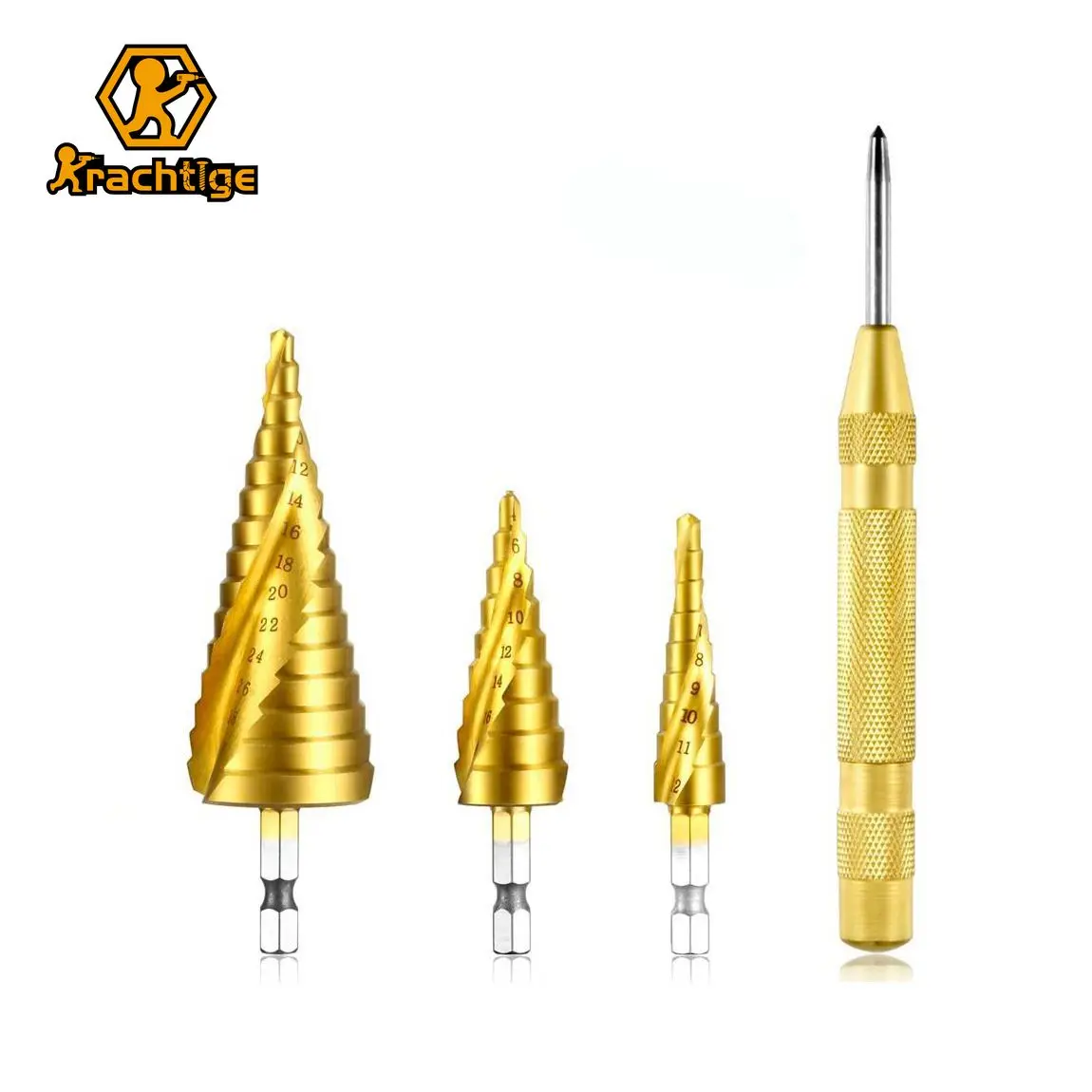 

Krachtige 3pcs Hex Shank Titanium Step Drill Bit Set with Automatic Center Punch For Metal Wood Tool