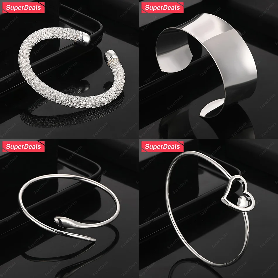 

SuperDeals 925 Sterling Silver Heart Water Drop Mesh Half Circle Bangles Women Party Popular Jewelry Birthday Christmas Gift