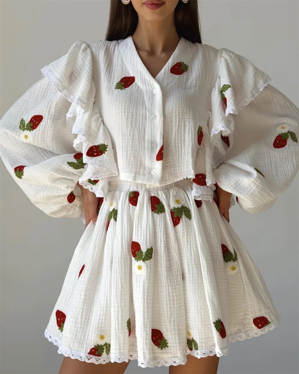 Women Cotton Linen Top Skirt Set Summer Home Strawberry Pattern V-Neck Ruffle Long Sleeve Button Blouse Mini Skirt Outfit