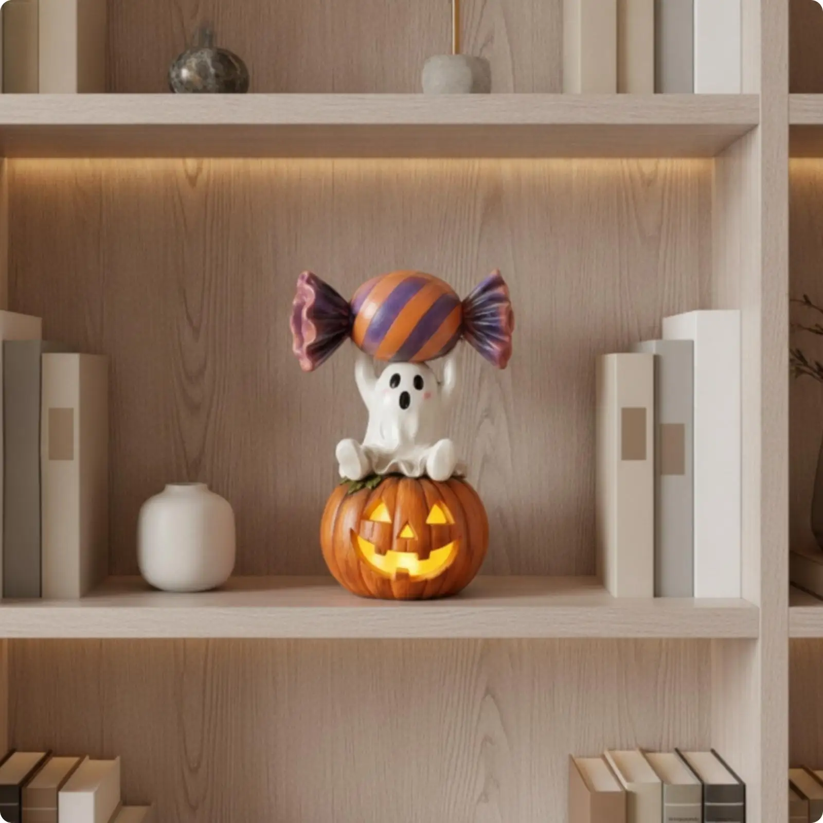 Spirit Figurine with Pumpkin Base Cute Jack-O'-Lantern Ornament Festive