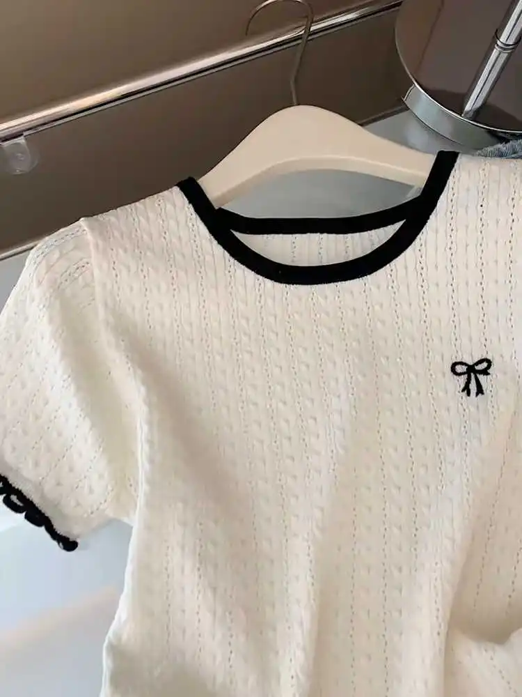 Été mince tricoté plissé oulder ort Sve T-shirt femmes Chic blanc nœud papillon u-ne coupe ample trajet Sle irt