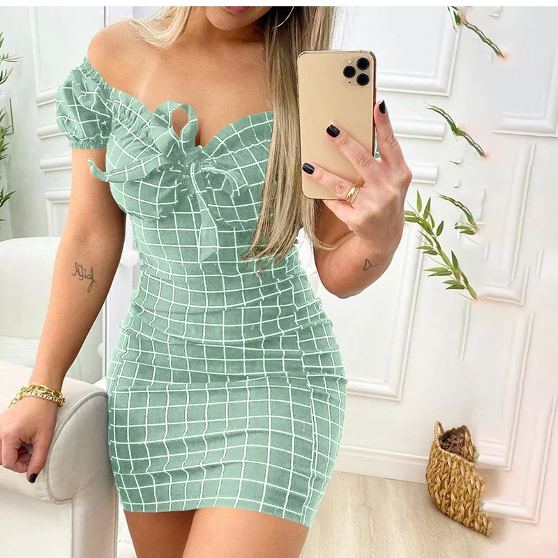 Summer Sexy Off Shoulder Mini Dress Women Fashion Casual Plaid Dresses Bodycon Beach Boho Party Dress For Women Robe Femme