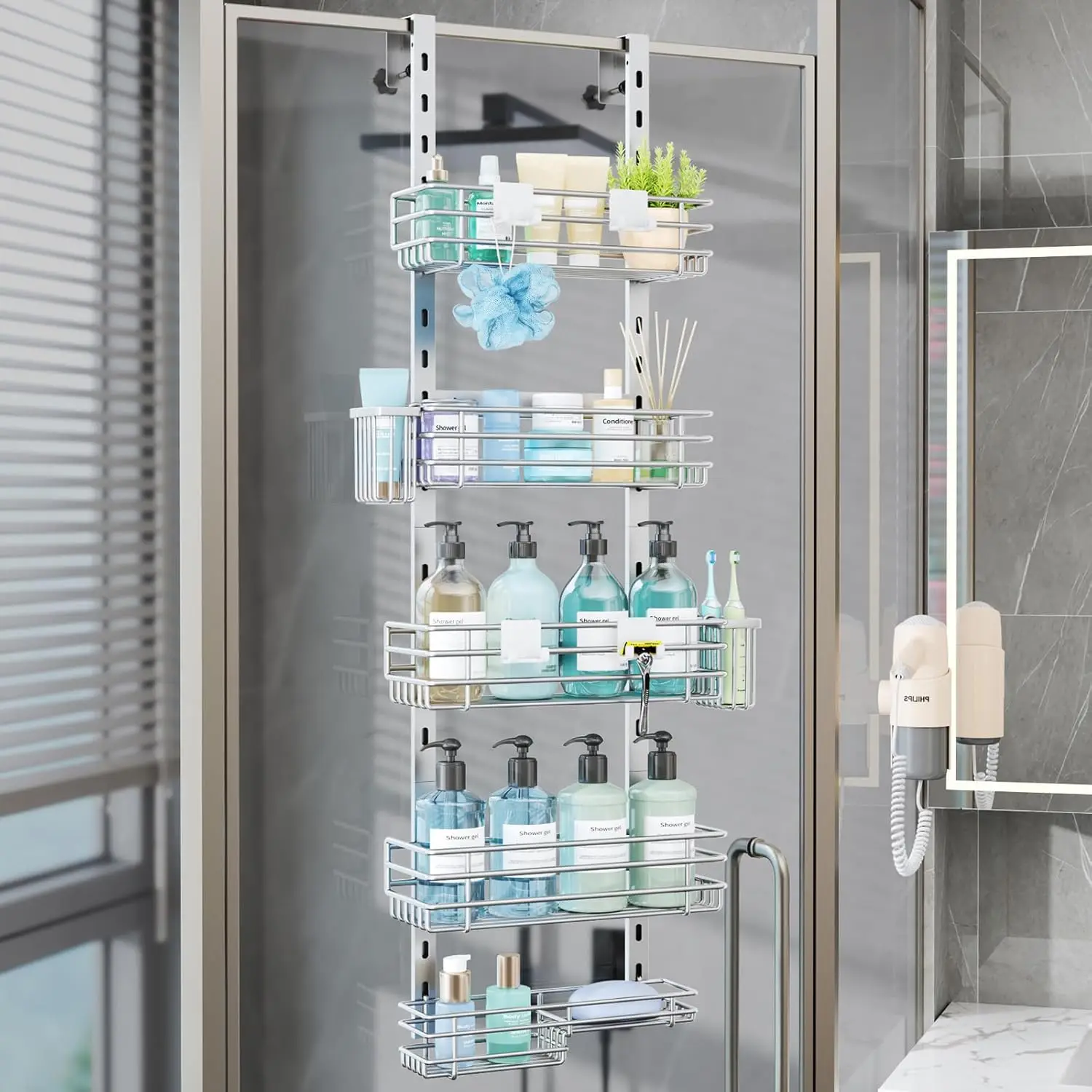 

Over The Door Shower Caddy - 5 Tier Adjustable Shower Organizer Hanging with 2 Toothbrush Holders & 4 Hooks, Rustproof O
