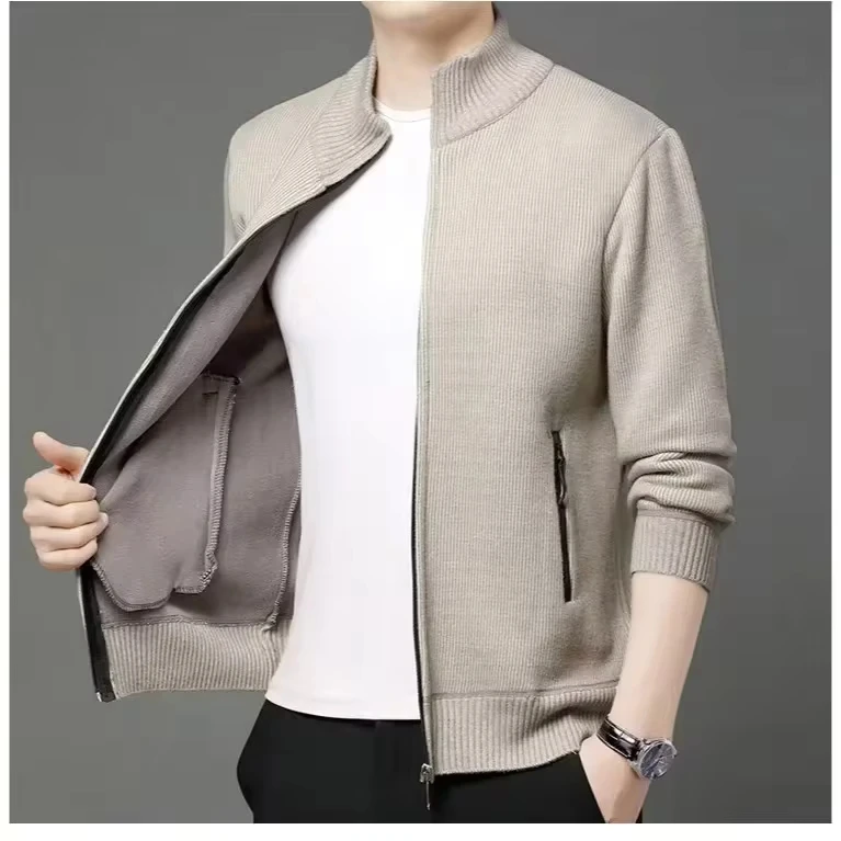 

Men's Season New Solid Color Casual Stand Collar Knit Cardigan Coat, Autumn and Winter Loose Thick Zipper Sweater Coat,Young Man