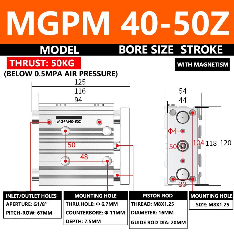 

ABILKEEN MGPM Series Pneumatic Compact Guide Cylinder MGPM40-50Z 40MM Bore X 50MM Stroke Thin Three Axis Three Rod Air Cylinder