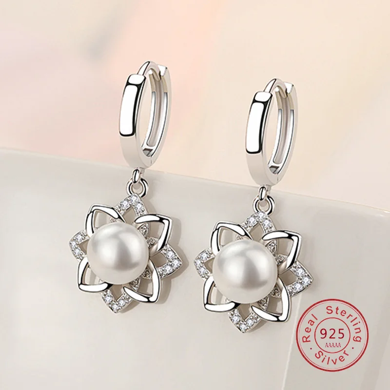 New Female Earrings Solid 925 Sterling Silver Crystal Zircon Flower Pearl Promise Jewelry Earrings for Women Statement Gift