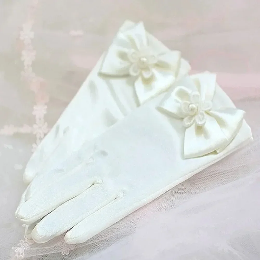 New Sweet Satin Flower  Gloves White Gloves for Girls Wedding Gloves with Bow Fashion Mittens