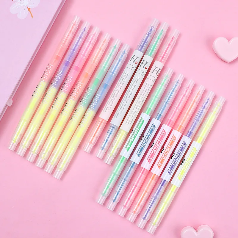 6Pcs/Set Double-headed Highlighter Kawaii Stationery Color Marker School Supplies Student Marker Textbook Highlighter